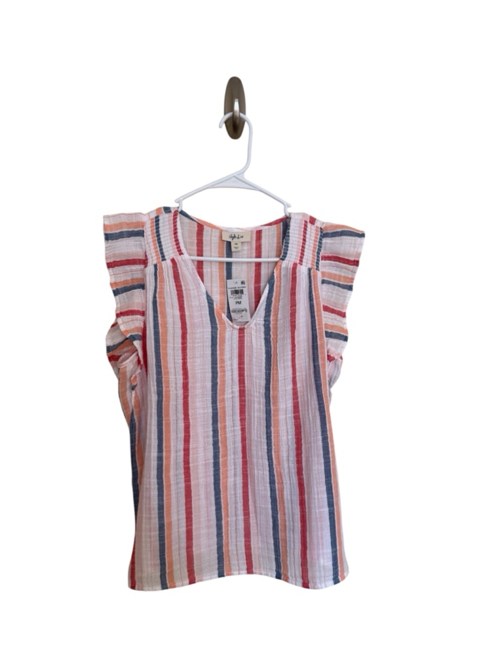 Style & Co. Striped V-Neck Flutter Sleeve Blouse in Coral, Navy & Cream